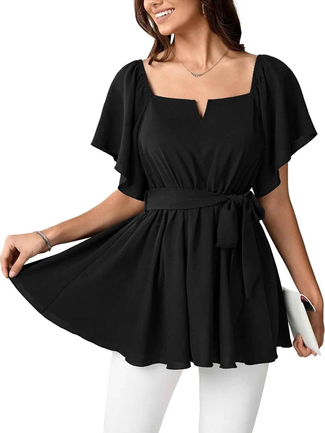 SCOMCHIC Women's Plus Size Off The Shoulder Peplum Blouse Top Half Bell Sleeve Tie Waist Ruffle Hem Babydoll Tops