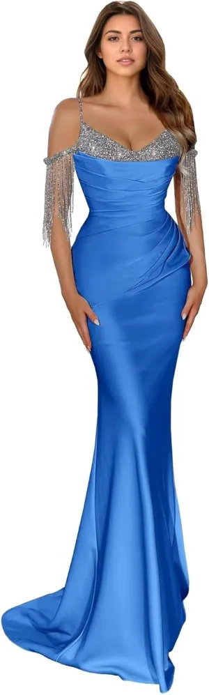 Spaghetti Straps Mermaid Prom Dresses 2024 Long Sparkly Sequin Off The Shoulder Beaded Formal Evening Party Gowns DR0630