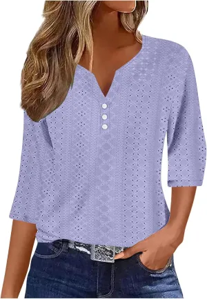 Summer Tops for Women 2025 Trendy 3/4 Sleeve v Neck Eyelet Shirts Dressy Casual Holiday Vacation Tunic Blouses
