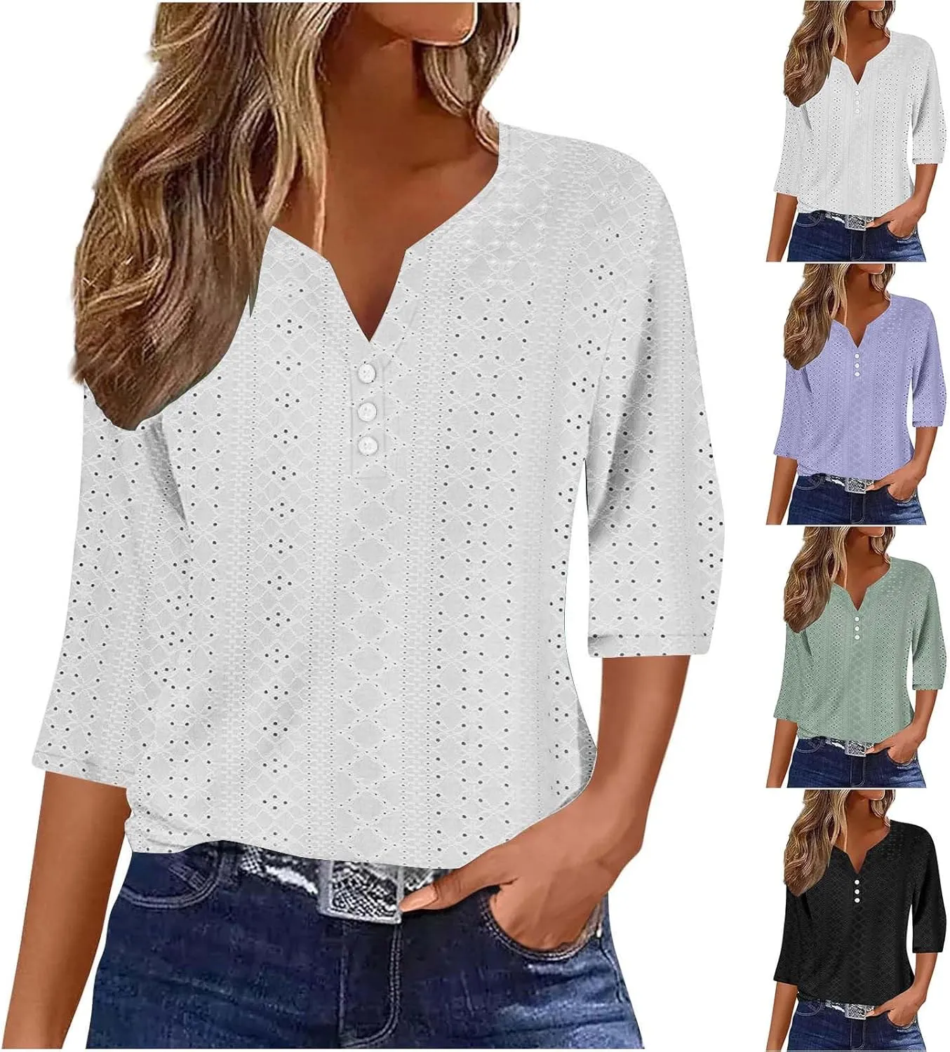 Summer Tops for Women 2025 Trendy 3/4 Sleeve v Neck Eyelet Shirts Dressy Casual Holiday Vacation Tunic Blouses