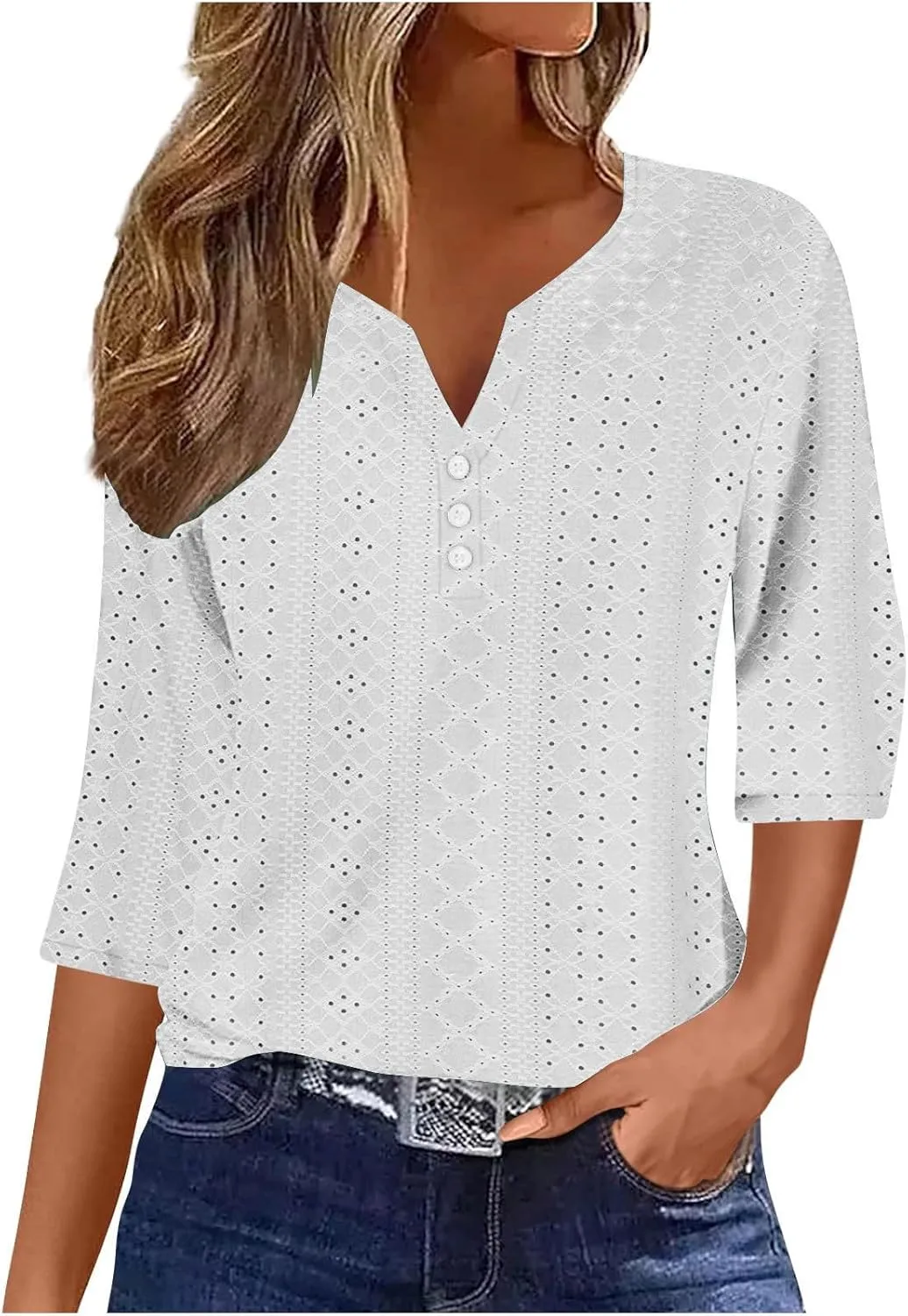 Summer Tops for Women 2025 Trendy 3/4 Sleeve v Neck Eyelet Shirts Dressy Casual Holiday Vacation Tunic Blouses