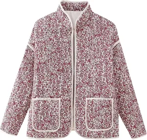 Women Floral Quilted Puffer Jacket Cropped Lightweight Patchwork Vintage Padded Short Coat Outerwear O Collar Jackets