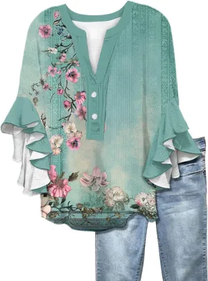 Womens 3/4 Sleeve Tops Casual Ruffle Floral Henley Notched V Neck T Shirts Loose Fit Graphic Button Dressy Blouses