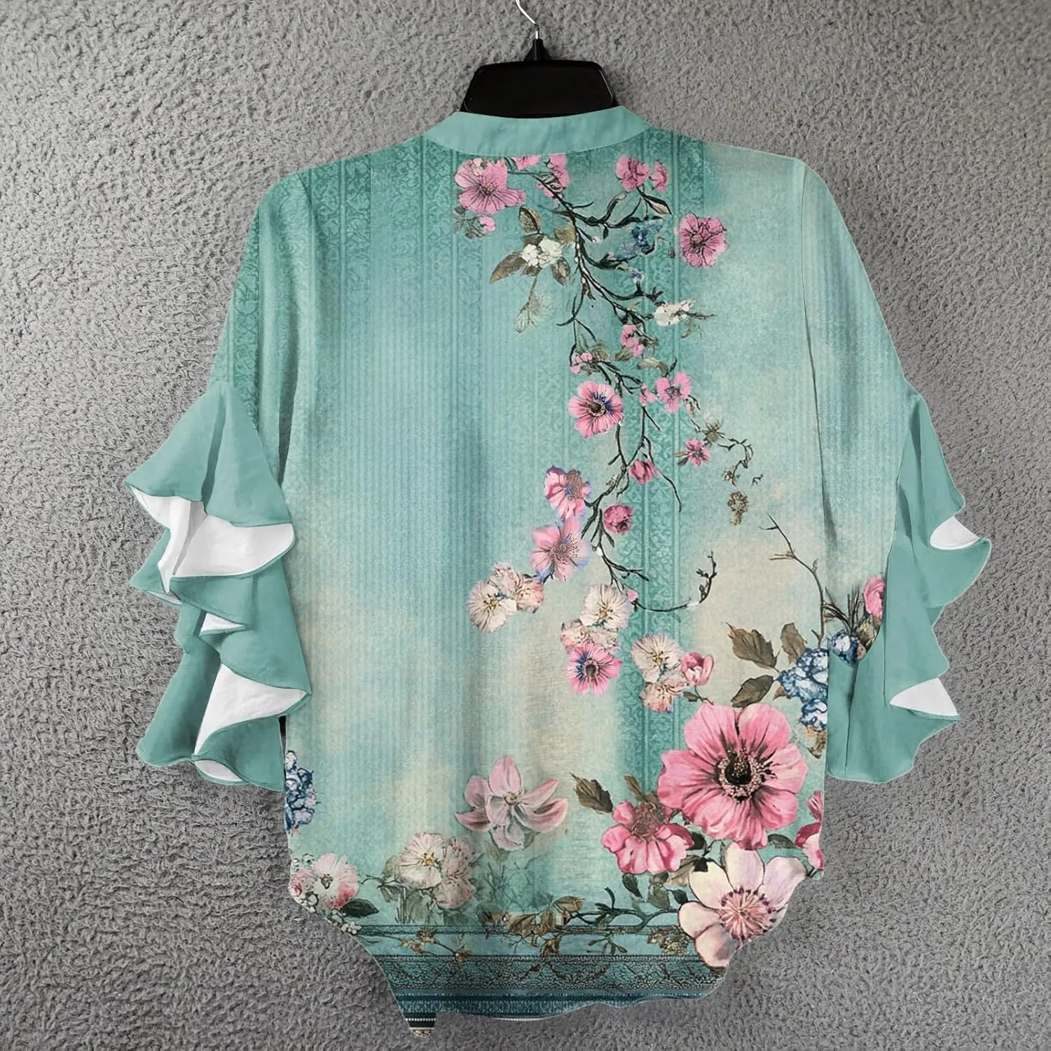 Womens 3/4 Sleeve Tops Casual Ruffle Floral Henley Notched V Neck T Shirts Loose Fit Graphic Button Dressy Blouses