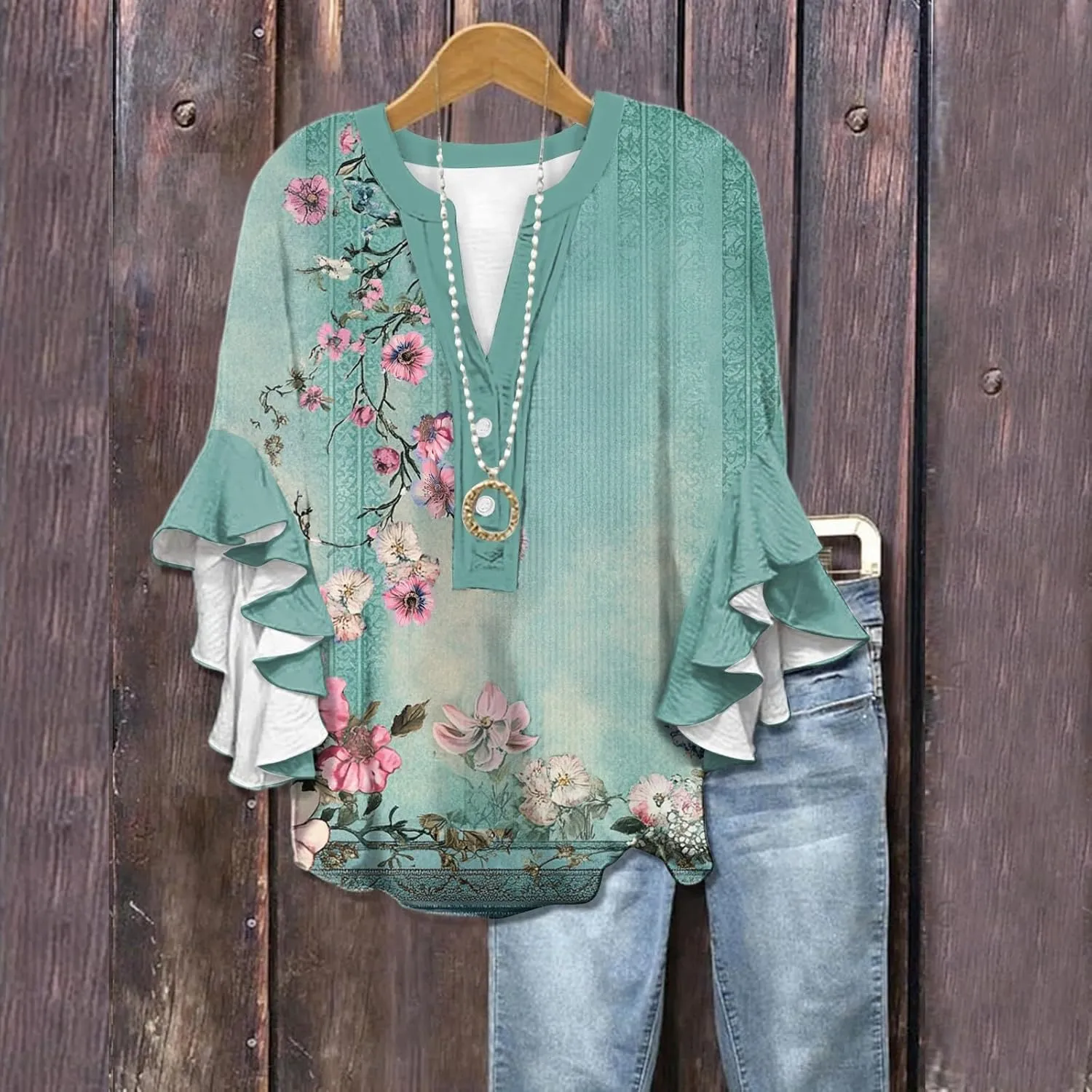 Womens 3/4 Sleeve Tops Casual Ruffle Floral Henley Notched V Neck T Shirts Loose Fit Graphic Button Dressy Blouses