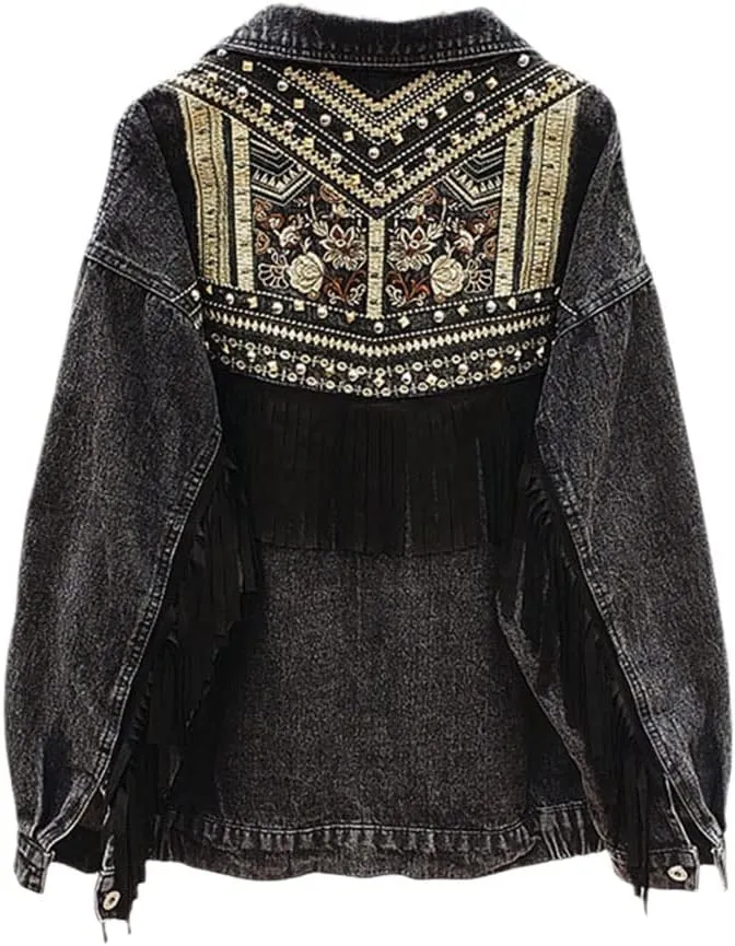 Women'S Autumn/Winter Denim Vintage Floral Embroidered Tassel Loose Jacket