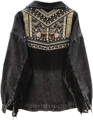 Women'S Autumn/Winter Denim Vintage Floral Embroidered Tassel Loose Jacket