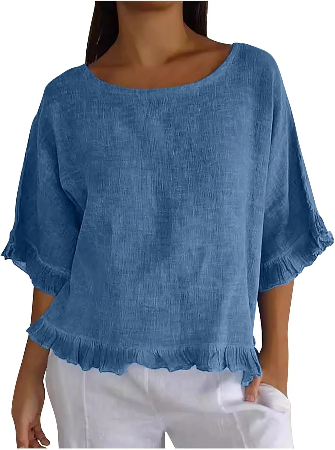 Women's Cotton Linen Blouse Ruffle Pleated Hem Tops Loose Casual Half Sleeve Round Neck Basic Tee Shirts