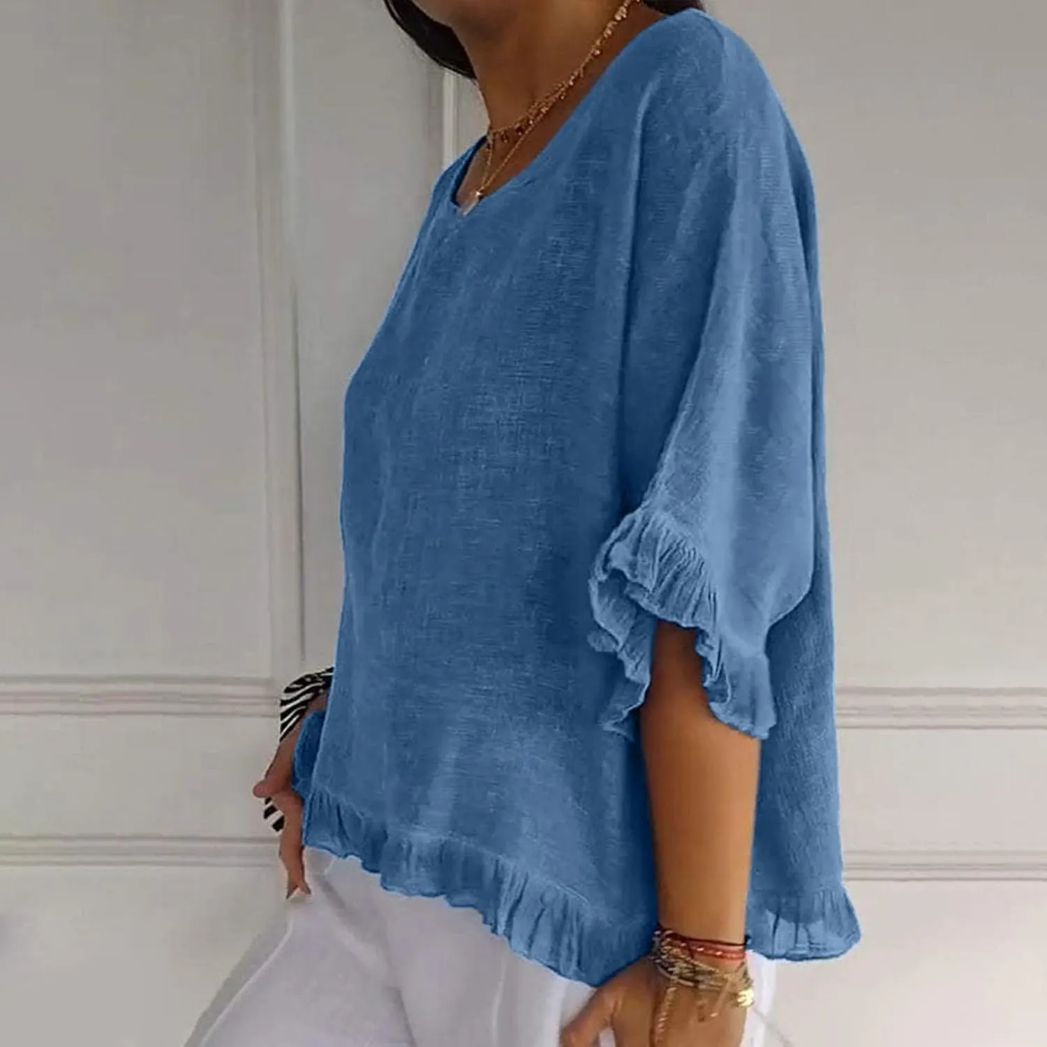 Women's Cotton Linen Blouse Ruffle Pleated Hem Tops Loose Casual Half Sleeve Round Neck Basic Tee Shirts
