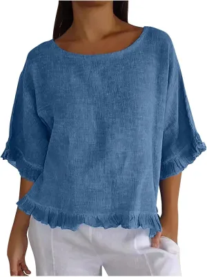 Women's Cotton Linen Blouse Ruffle Pleated Hem Tops Loose Casual Half Sleeve Round Neck Basic Tee Shirts