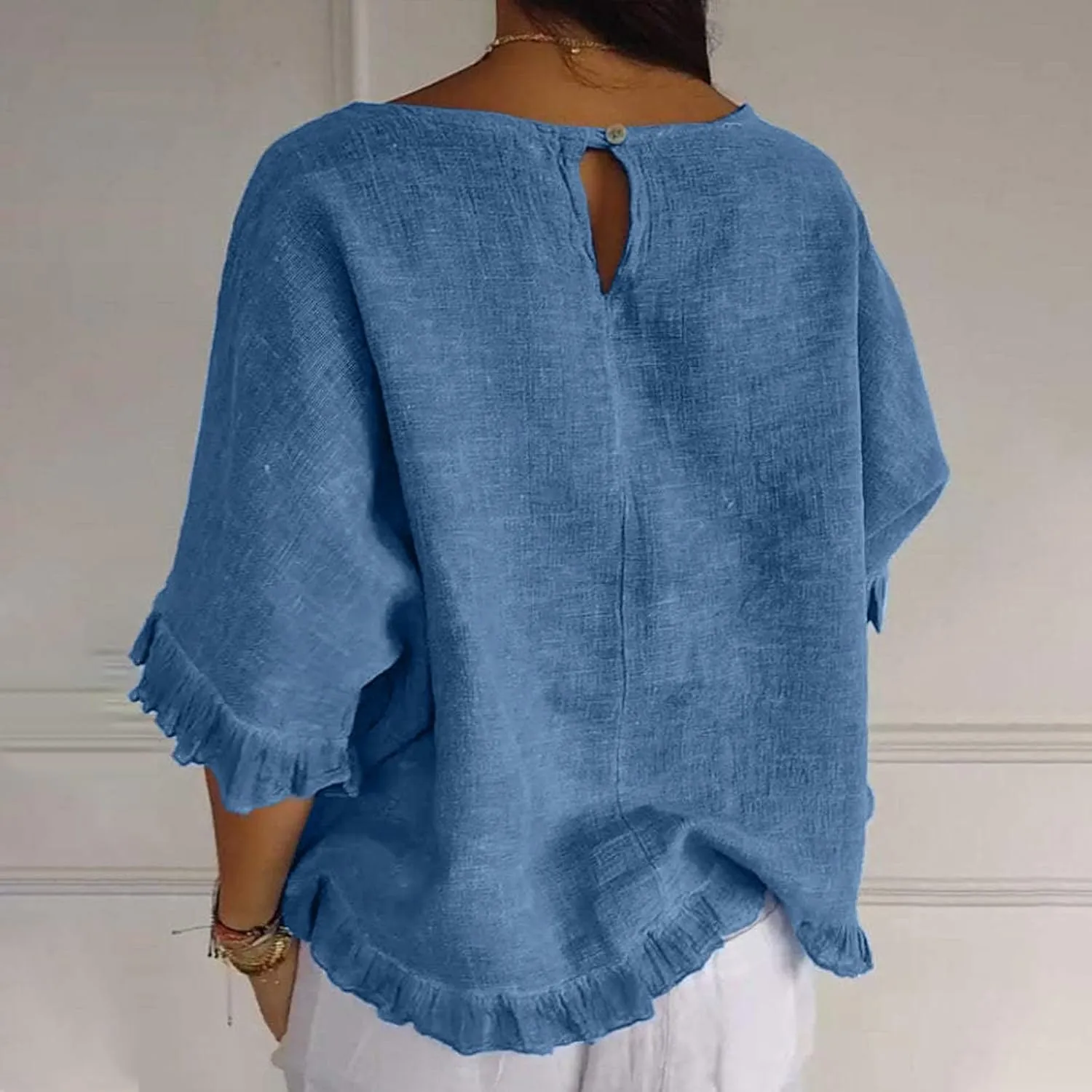 Women's Cotton Linen Blouse Ruffle Pleated Hem Tops Loose Casual Half Sleeve Round Neck Basic Tee Shirts