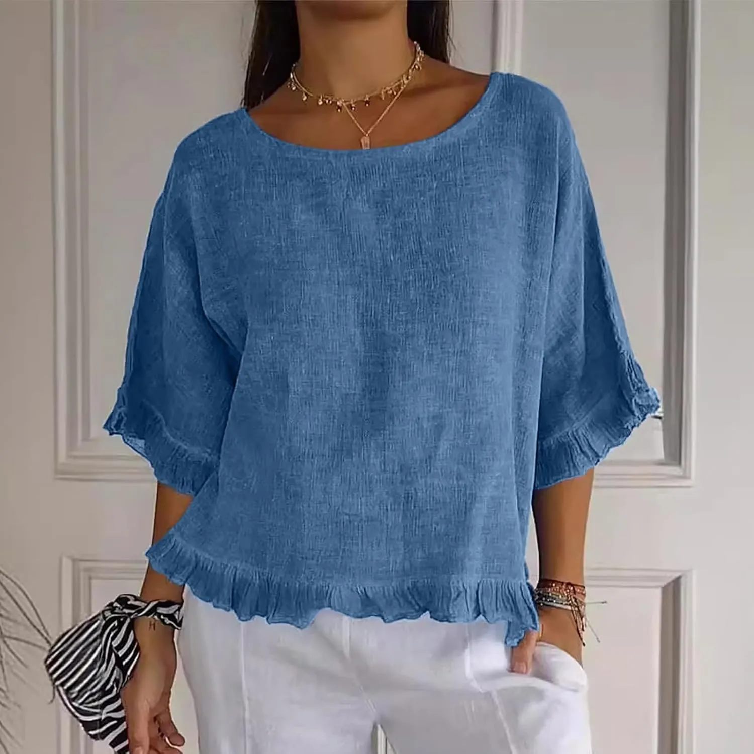 Women's Cotton Linen Blouse Ruffle Pleated Hem Tops Loose Casual Half Sleeve Round Neck Basic Tee Shirts