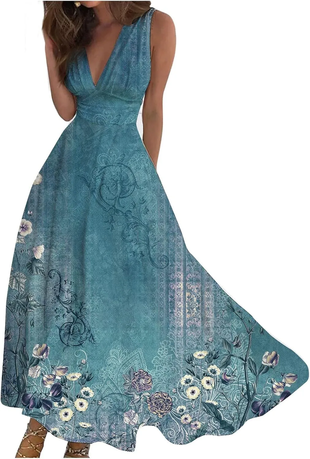 Womens Dresses Floral Print Wrap V Neck Sundresses Flowy Ruched Sleeveless Boho Dress Spring Beach Dress