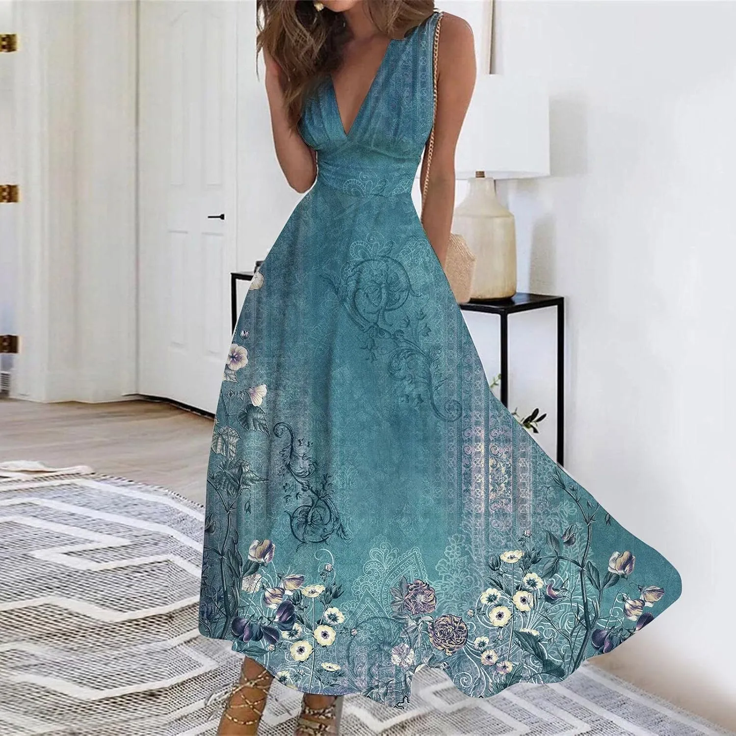 Womens Dresses Floral Print Wrap V Neck Sundresses Flowy Ruched Sleeveless Boho Dress Spring Beach Dress