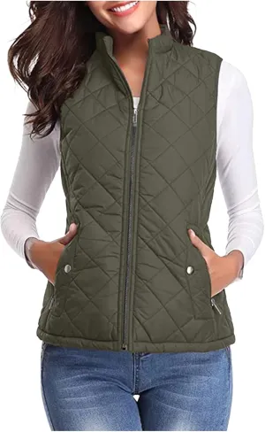 Women's Fall Winter Vest Zip Up Quilted Jackets Sleeveless Winter Coats Stand Collar Athletic Vest for Hiking Running