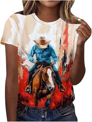 Womens Horse Racing Tops Short Sleeve Vintage Shirts Summer Funny Graphic Print Tee Blouses Holiday Workout Clothes
