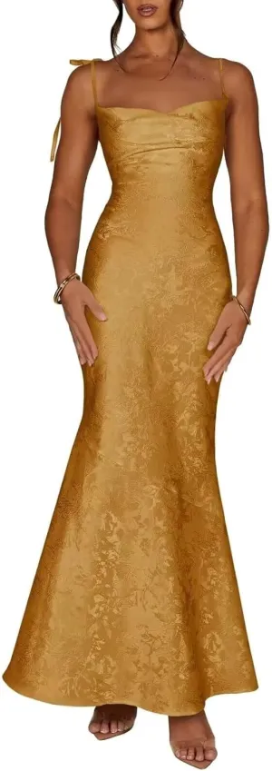 Women's Jacquard Satin Fitted Semi Bridesmaid Dresses Spaghetti Straps Long Mermaid Formal Evening Party Gowns