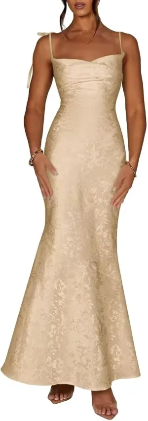Women's Jacquard Satin Fitted Semi Bridesmaid Dresses Spaghetti Straps Long Mermaid Formal Evening Party Gowns