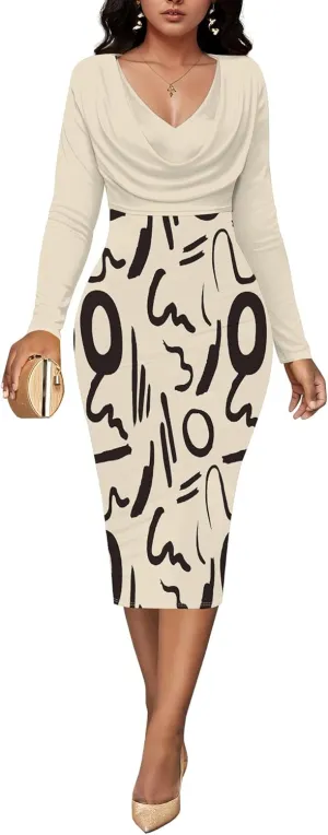 Womens Midi Dresses Church Dresses Long Sleeve Bodycon Cowl Neck Pencil Dress