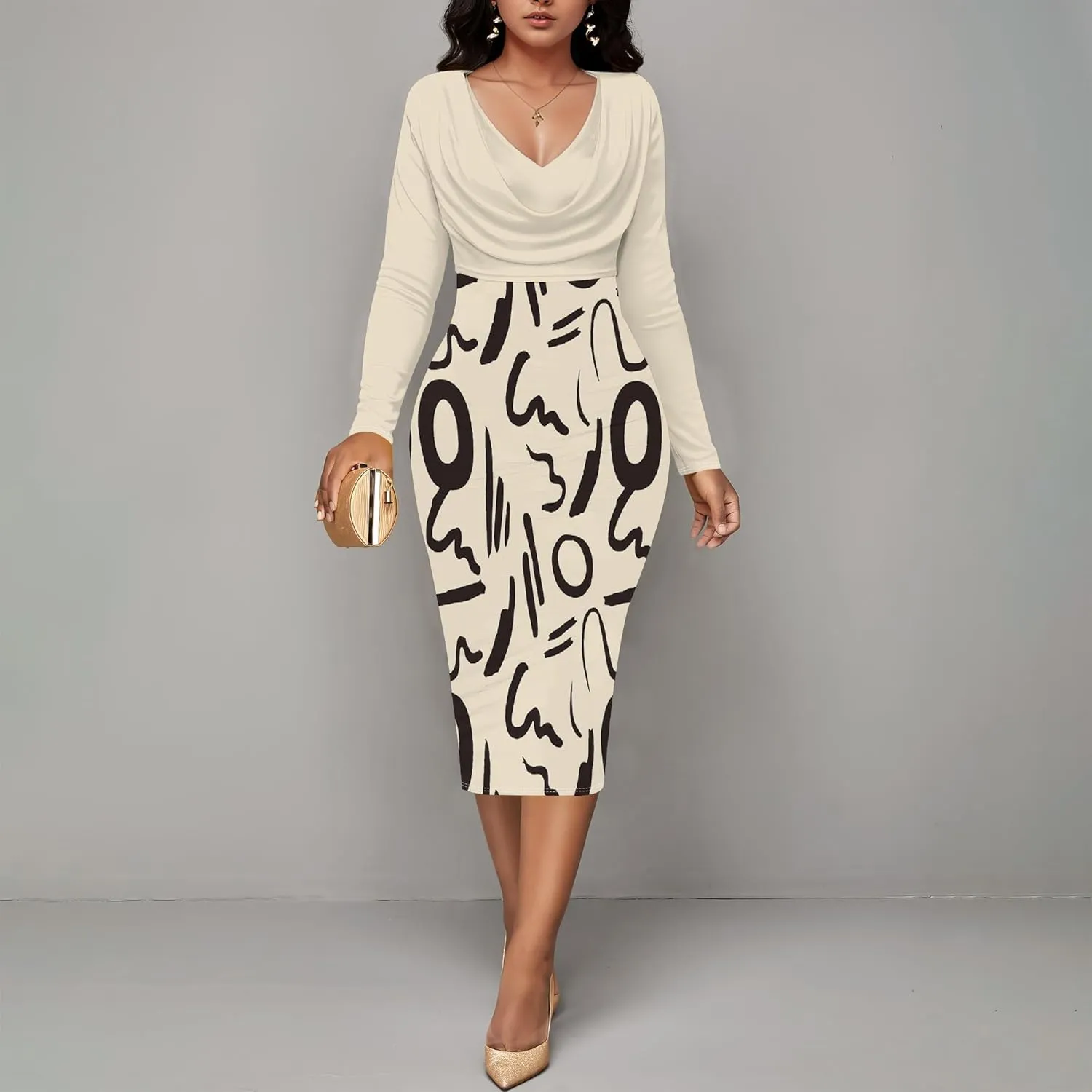 Womens Midi Dresses Church Dresses Long Sleeve Bodycon Cowl Neck Pencil Dress
