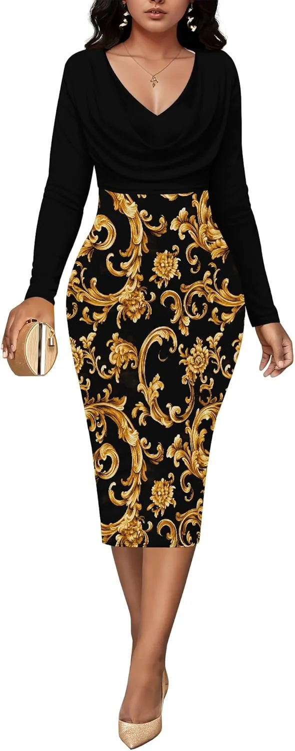 Womens Midi Dresses Church Dresses Long Sleeve Bodycon Cowl Neck Pencil Dress