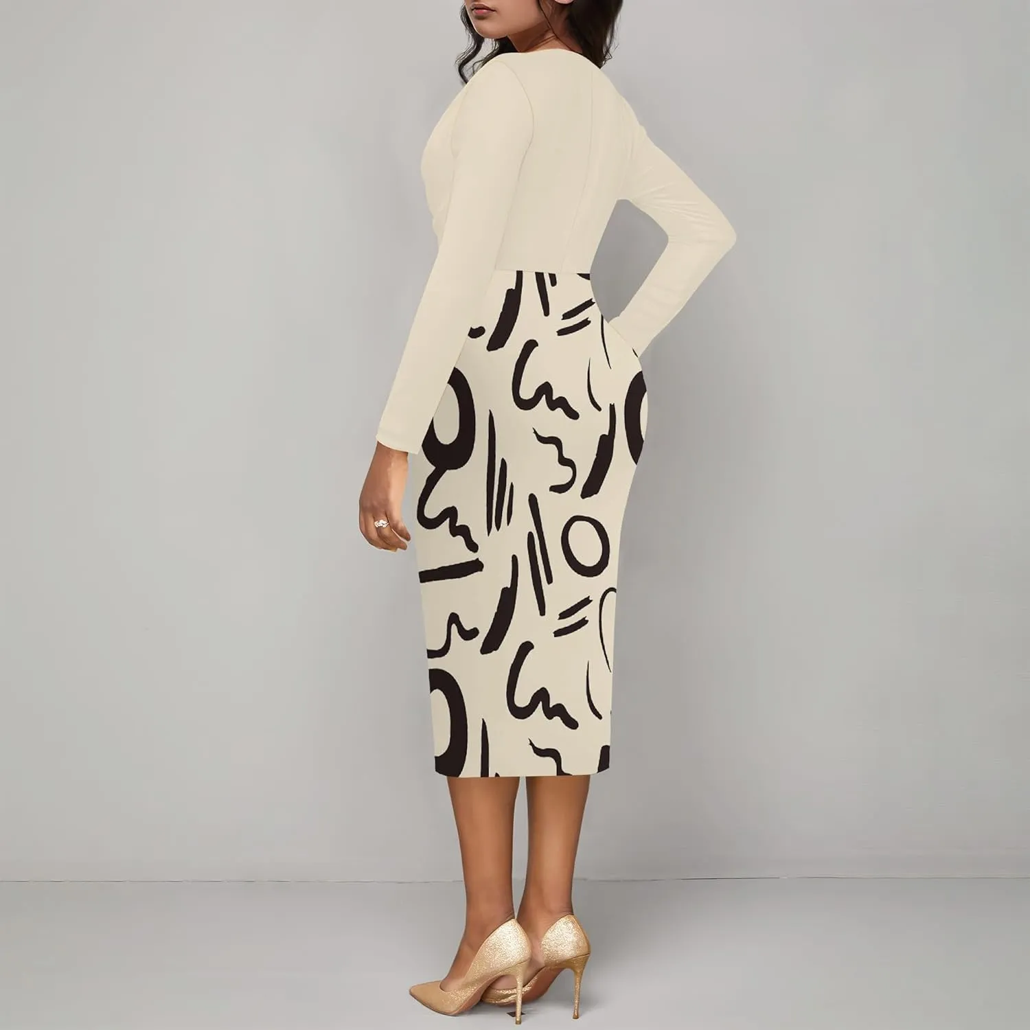 Womens Midi Dresses Church Dresses Long Sleeve Bodycon Cowl Neck Pencil Dress