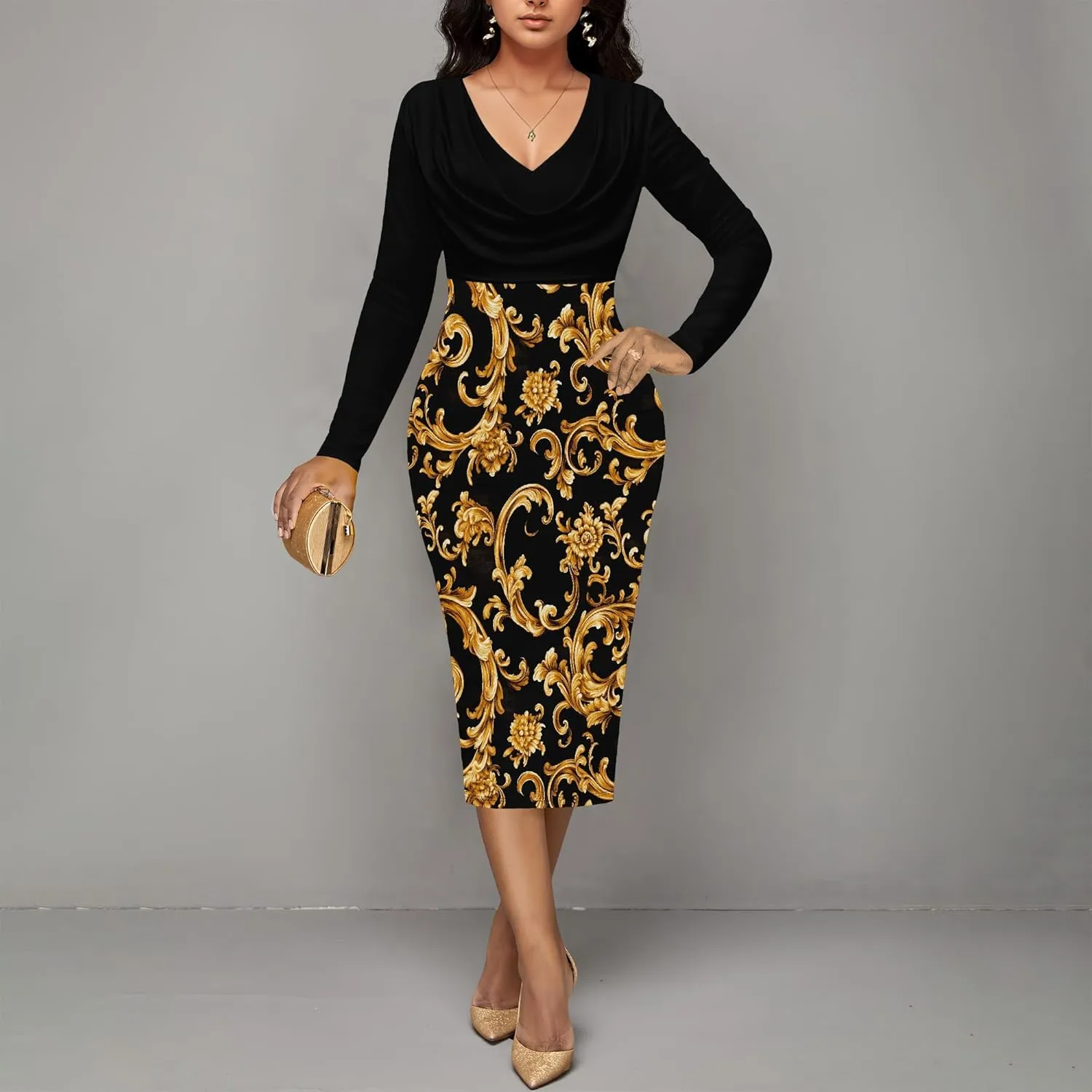 Womens Midi Dresses Church Dresses Long Sleeve Bodycon Cowl Neck Pencil Dress