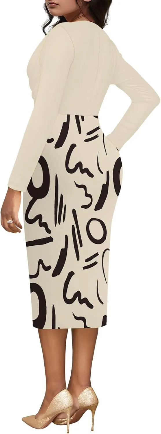 Womens Midi Dresses Church Dresses Long Sleeve Bodycon Cowl Neck Pencil Dress