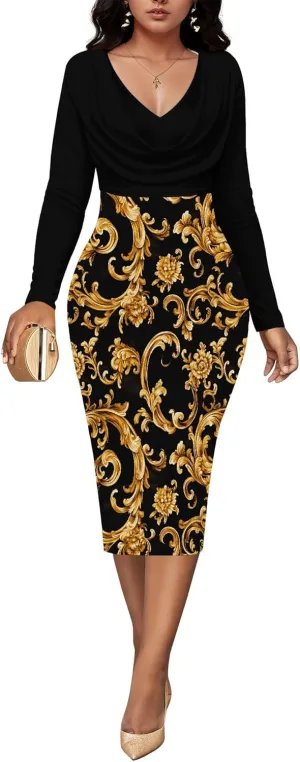 Womens Midi Dresses Church Dresses Long Sleeve Bodycon Cowl Neck Pencil Dress