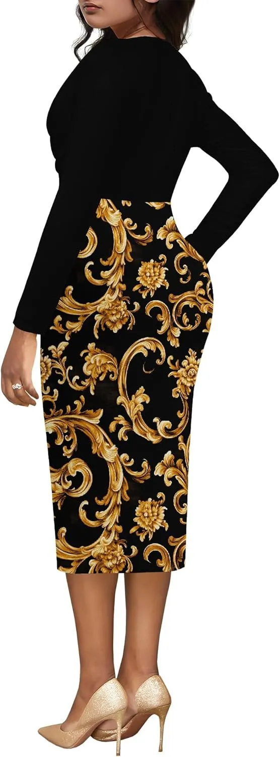 Womens Midi Dresses Church Dresses Long Sleeve Bodycon Cowl Neck Pencil Dress