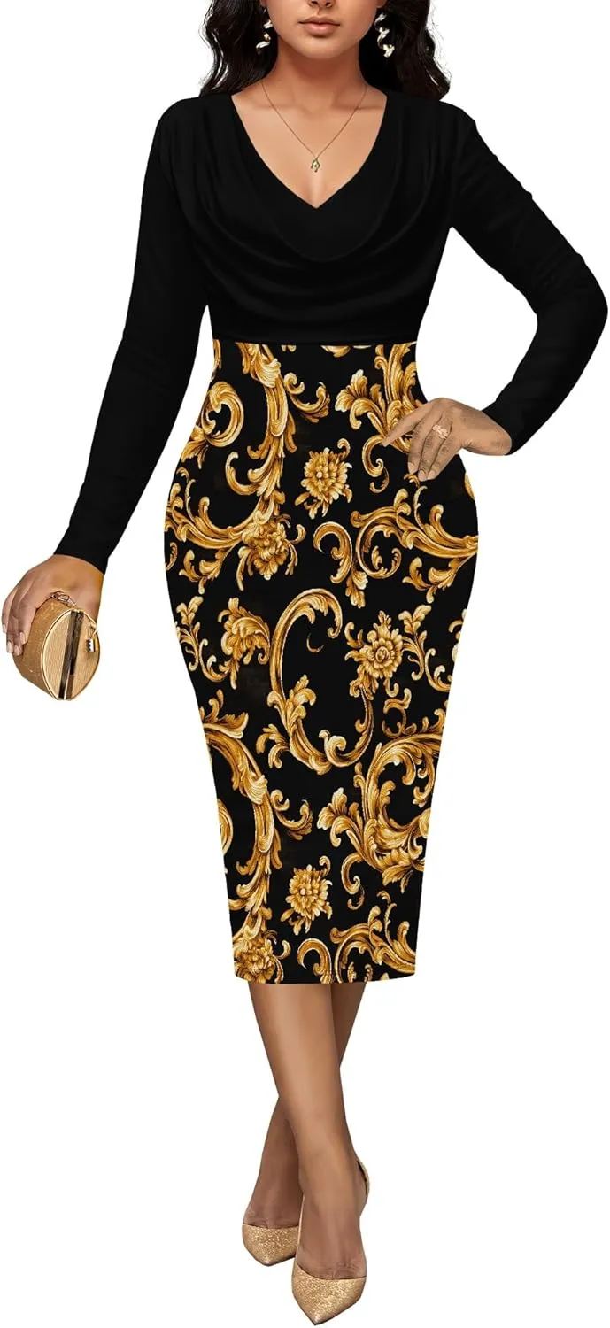 Womens Midi Dresses Church Dresses Long Sleeve Bodycon Cowl Neck Pencil Dress