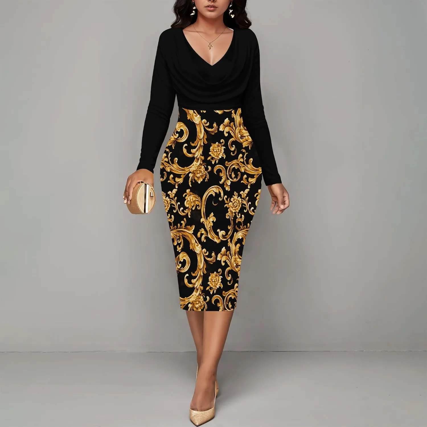 Womens Midi Dresses Church Dresses Long Sleeve Bodycon Cowl Neck Pencil Dress