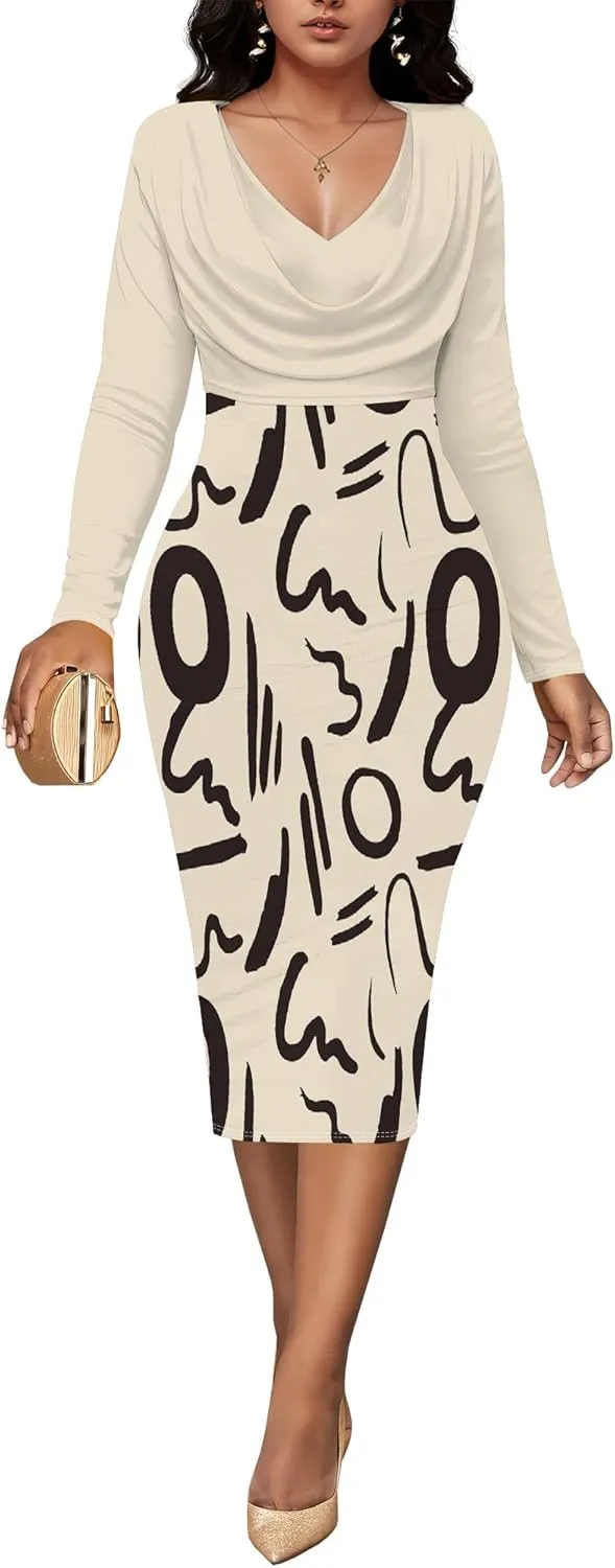 Womens Midi Dresses Church Dresses Long Sleeve Bodycon Cowl Neck Pencil Dress