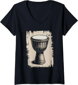 Womens Vintage Djembe Drum Sketch Artistic Music Vibe V-Neck T-Shirt