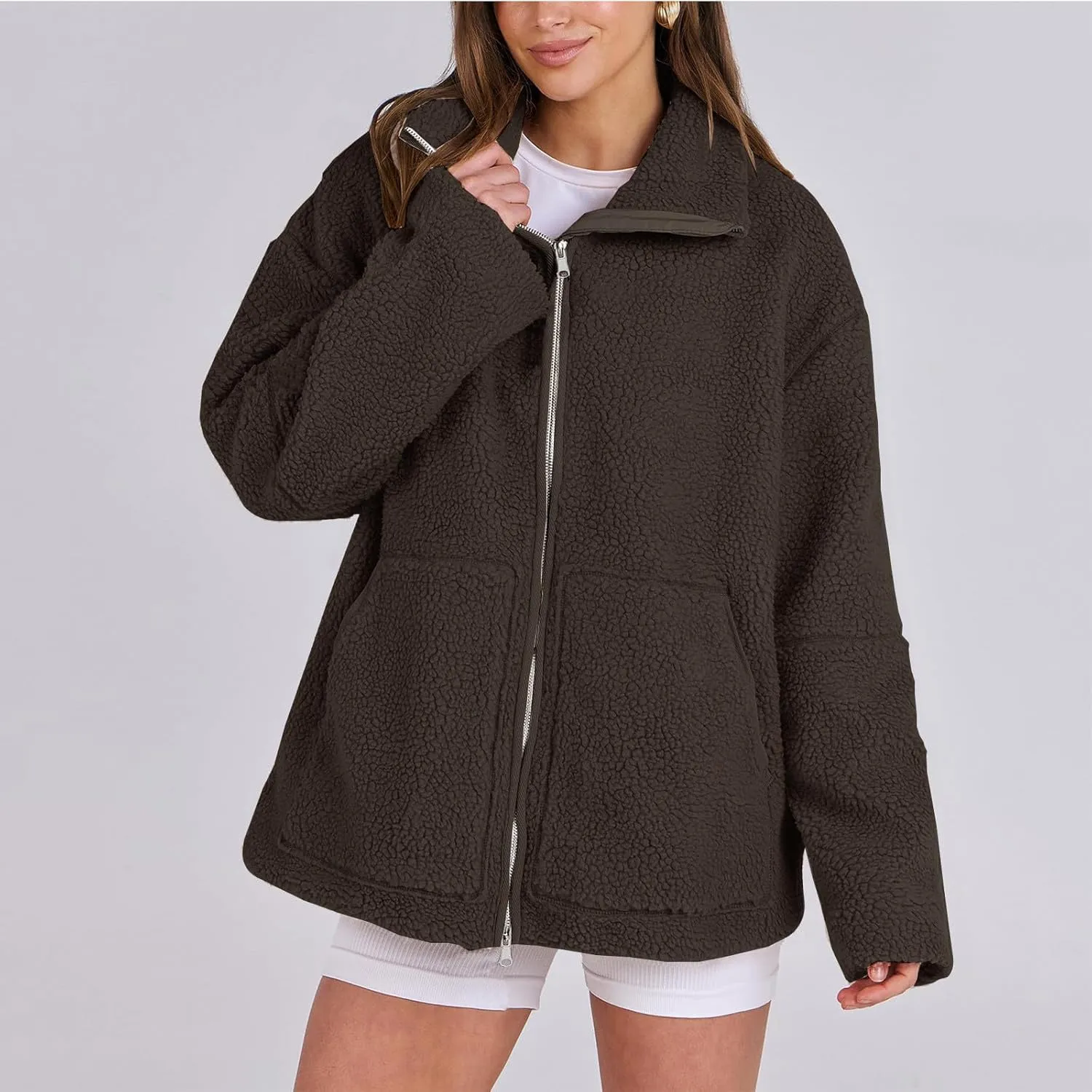 YRAETENM Winter Coats for Women Oversized Double Zip Fuzzy Fleece Jacket Casual Teddy Coat Winter Fall Outerwear with Pockets