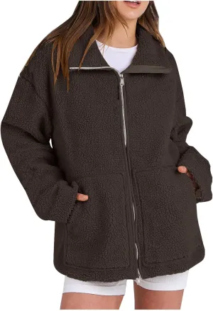YRAETENM Winter Coats for Women Oversized Double Zip Fuzzy Fleece Jacket Casual Teddy Coat Winter Fall Outerwear with Pockets