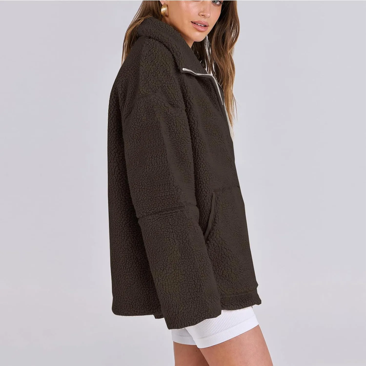 YRAETENM Winter Coats for Women Oversized Double Zip Fuzzy Fleece Jacket Casual Teddy Coat Winter Fall Outerwear with Pockets