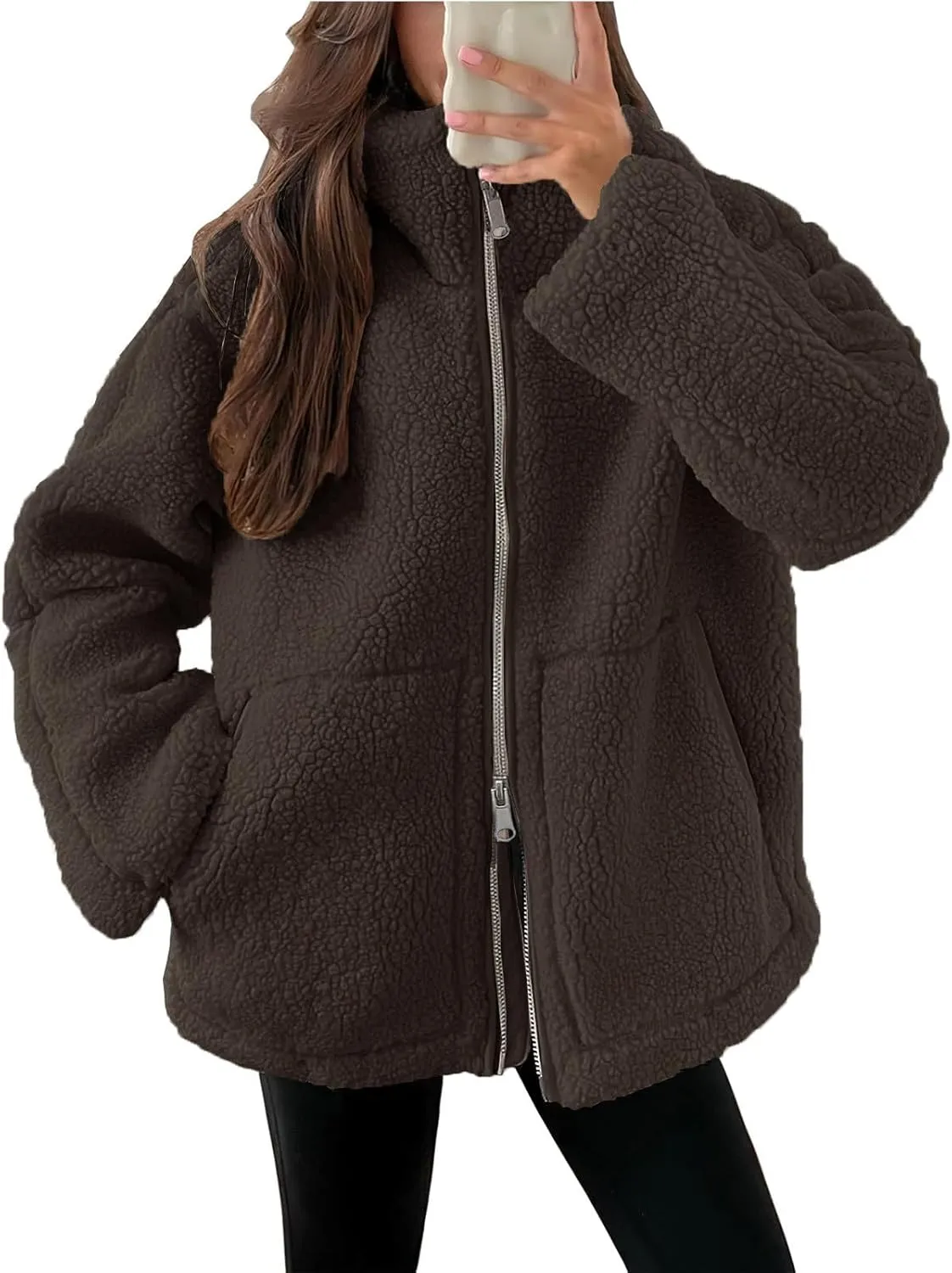 YRAETENM Winter Coats for Women Oversized Double Zip Fuzzy Fleece Jacket Casual Teddy Coat Winter Fall Outerwear with Pockets