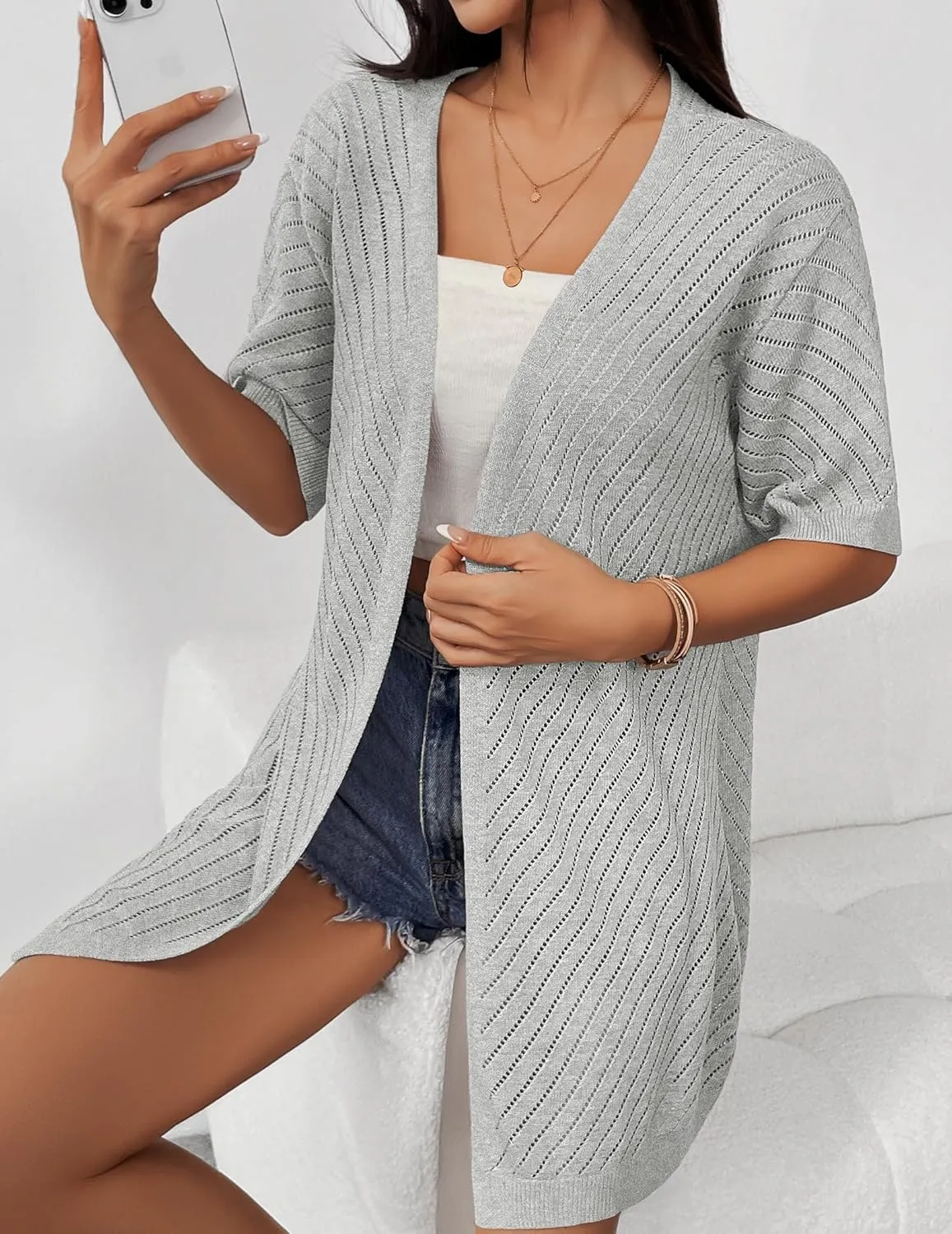 Zeagoo Lightweight Summer Cardigan for Women Short Sleeve V Neck Crochet Kimonos Loose Open Front Hollow Out Cover Ups