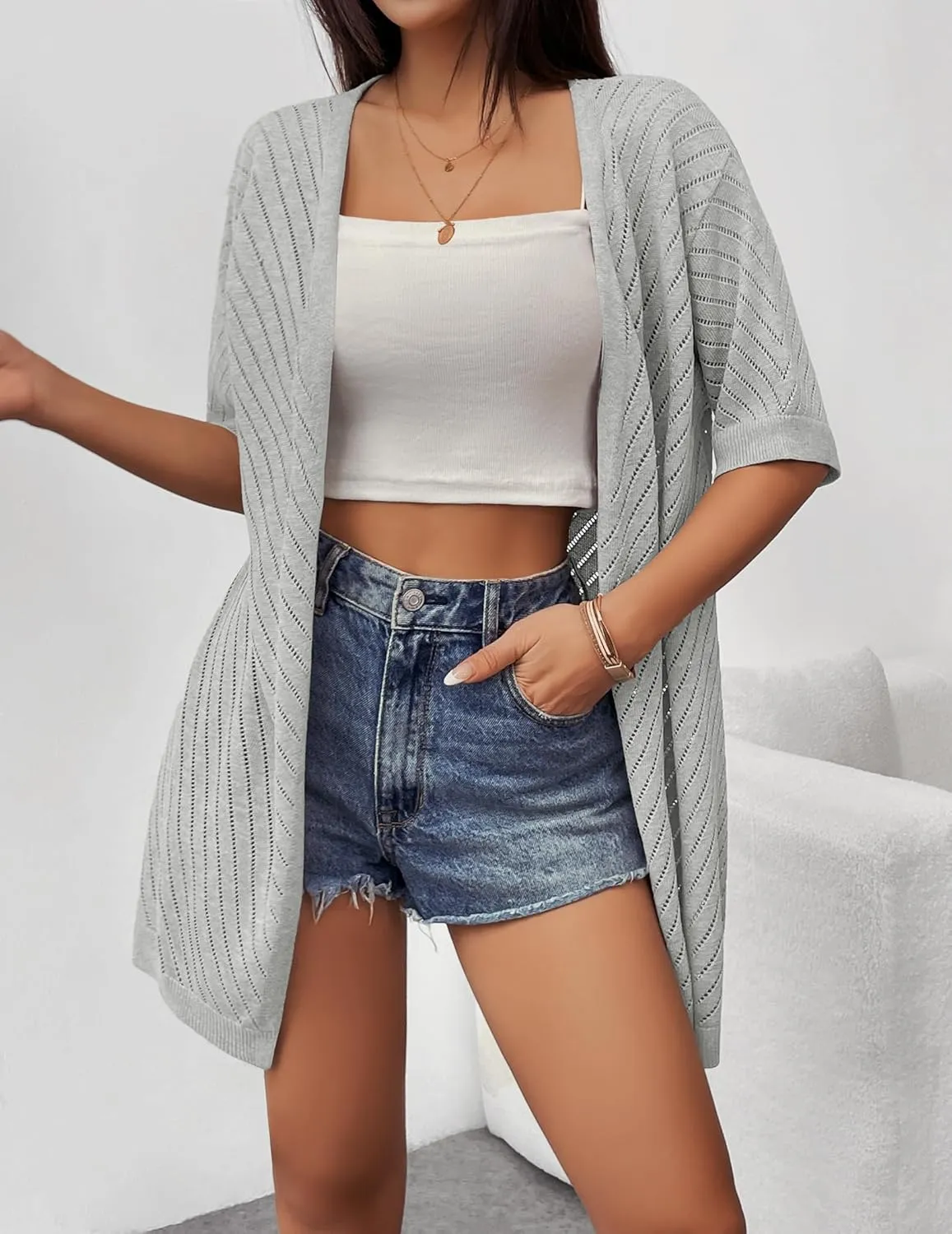 Zeagoo Lightweight Summer Cardigan for Women Short Sleeve V Neck Crochet Kimonos Loose Open Front Hollow Out Cover Ups