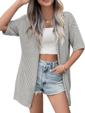 Zeagoo Lightweight Summer Cardigan for Women Short Sleeve V Neck Crochet Kimonos Loose Open Front Hollow Out Cover Ups