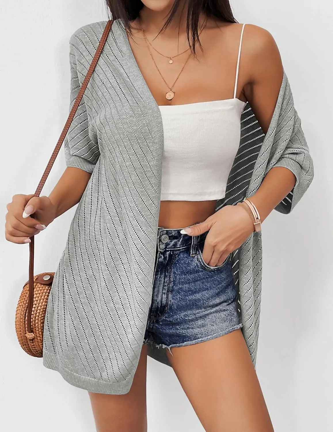 Zeagoo Lightweight Summer Cardigan for Women Short Sleeve V Neck Crochet Kimonos Loose Open Front Hollow Out Cover Ups