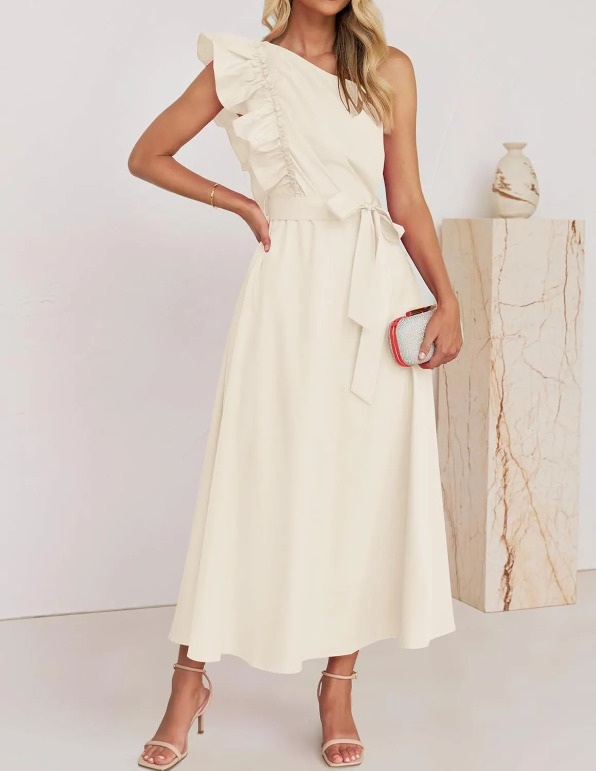 ZESICA Women's 2025 Summer One Shoulder Ruffle Dress Sleeveless Empire Waist Boho Flowy Maxi Dresses