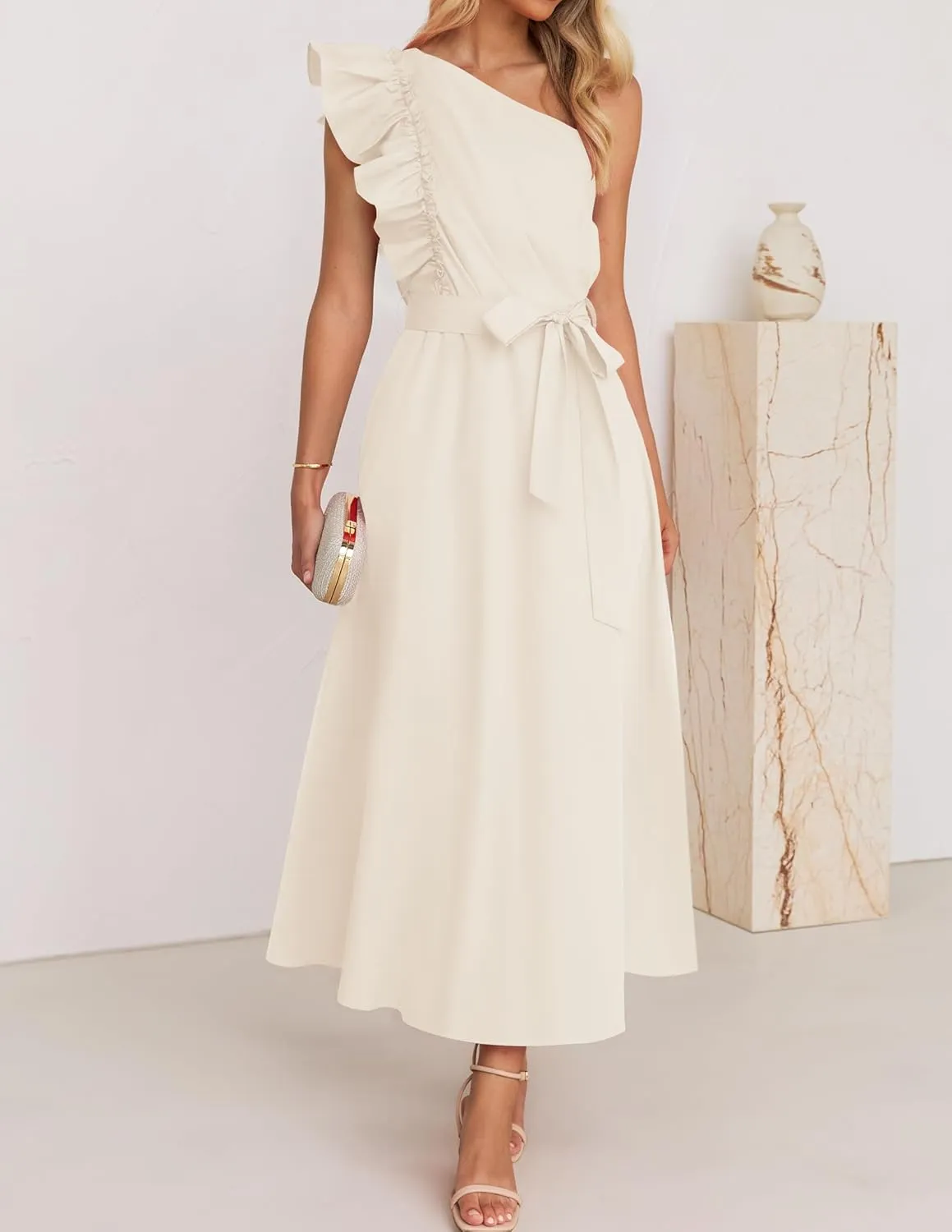 ZESICA Women's 2025 Summer One Shoulder Ruffle Dress Sleeveless Empire Waist Boho Flowy Maxi Dresses